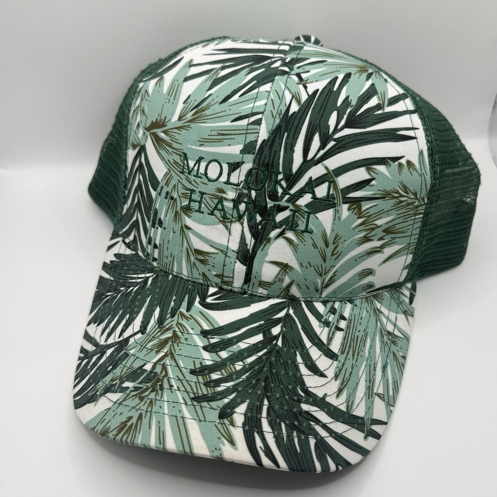 Molokai Hawaii Trucker Hat Green Tropical Leaf Snapback Mesh Cap Cappelli OSFM - Picture 2 of 14